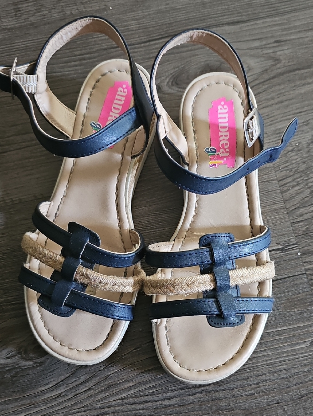 Andrea Girls Navy Blue Strappy Sandals with Natural Rope Accent